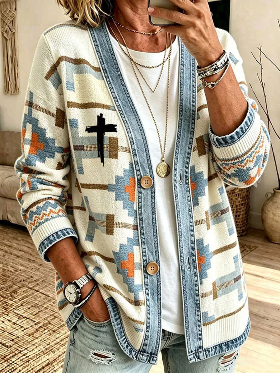 Women's Faith-Themed Patchwork Art Cardigan
