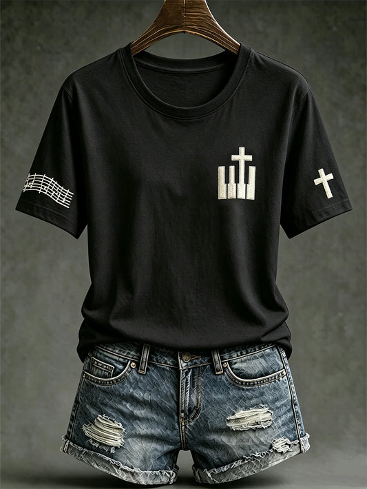 Women's Faith Theme Music Elements Pattern Design Casual  Short Sleeve T-shirt