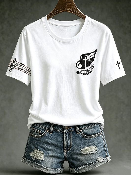 Women's Faith Theme Music Elements Pattern Design Casual  Short Sleeve T-shirt