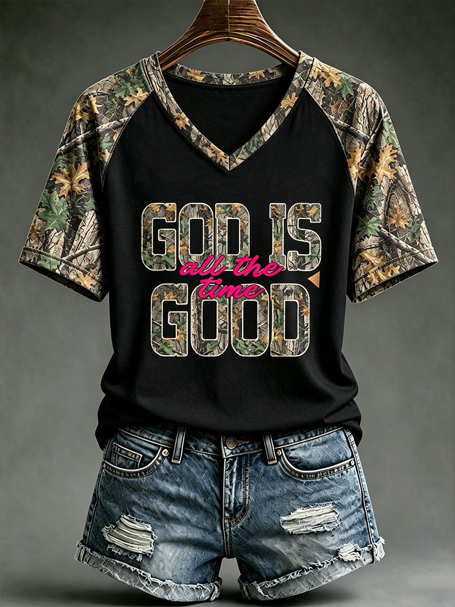 Women's God Is Good All The Time V-neck T-shirt