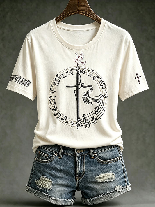 Women's Faith Theme Music Elements Pattern Design Casual  Short Sleeve T-shirt