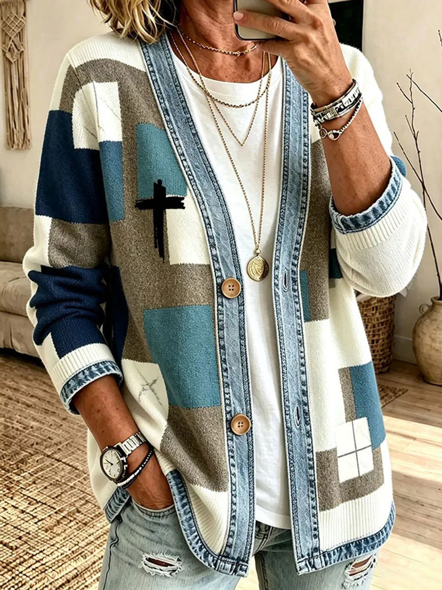 Women's Faith-Themed Patchwork Art Cardigan