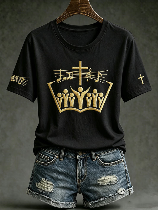 Women's Faith Theme Music Elements Pattern Design Casual  Short Sleeve T-shirt