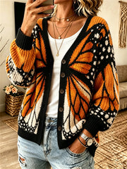 Women's Fall Monarch Butterfly Inspired Print Cozy Cardigan