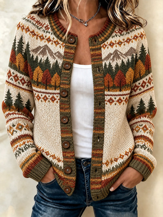 Women's Autumn Landscape Pattern Design Leisure Cardigan-Style Knit Coat