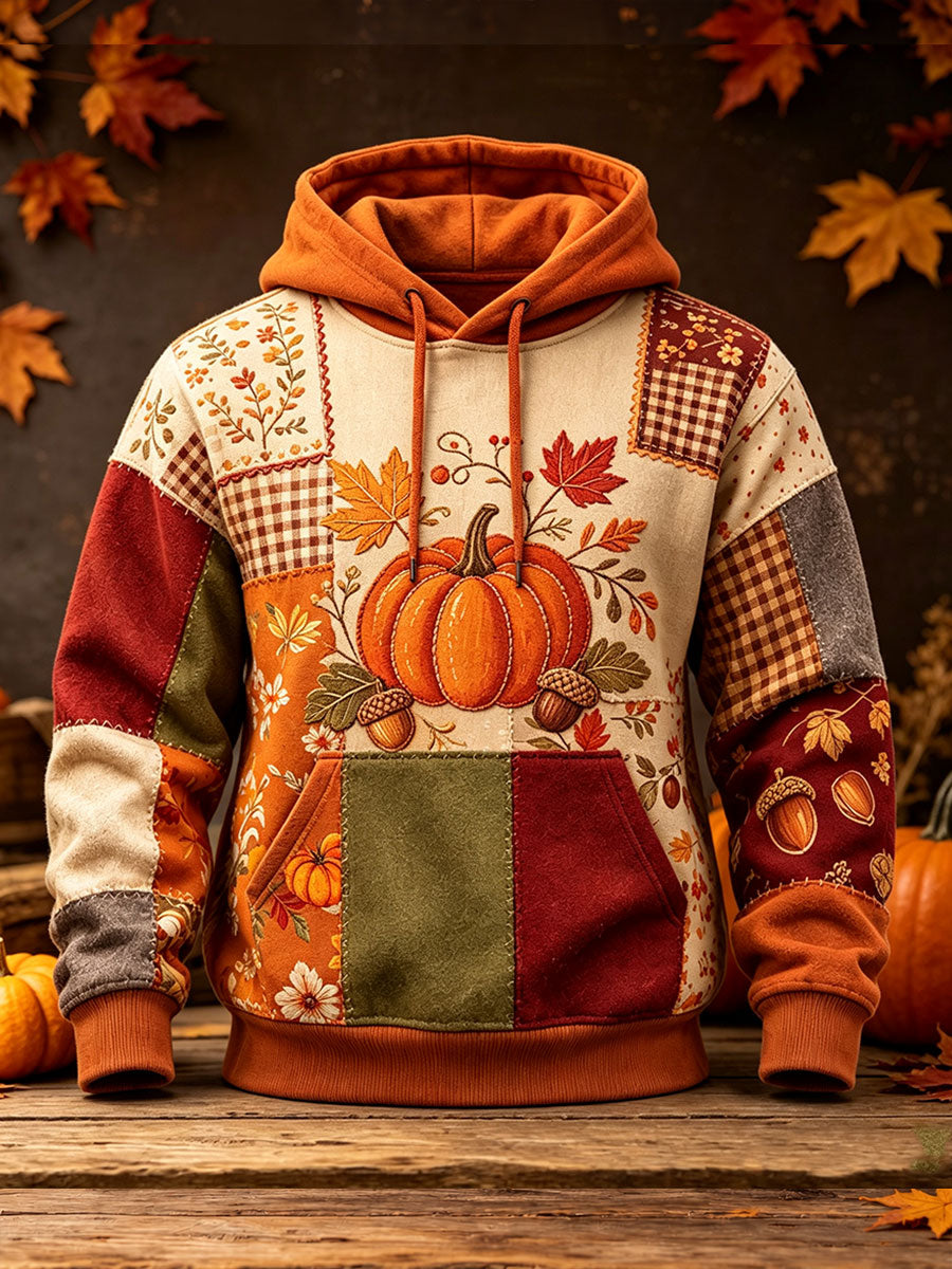 Men's Autumn Pattern Print Oversized Drop-Shoulder Hoodie With Pockets