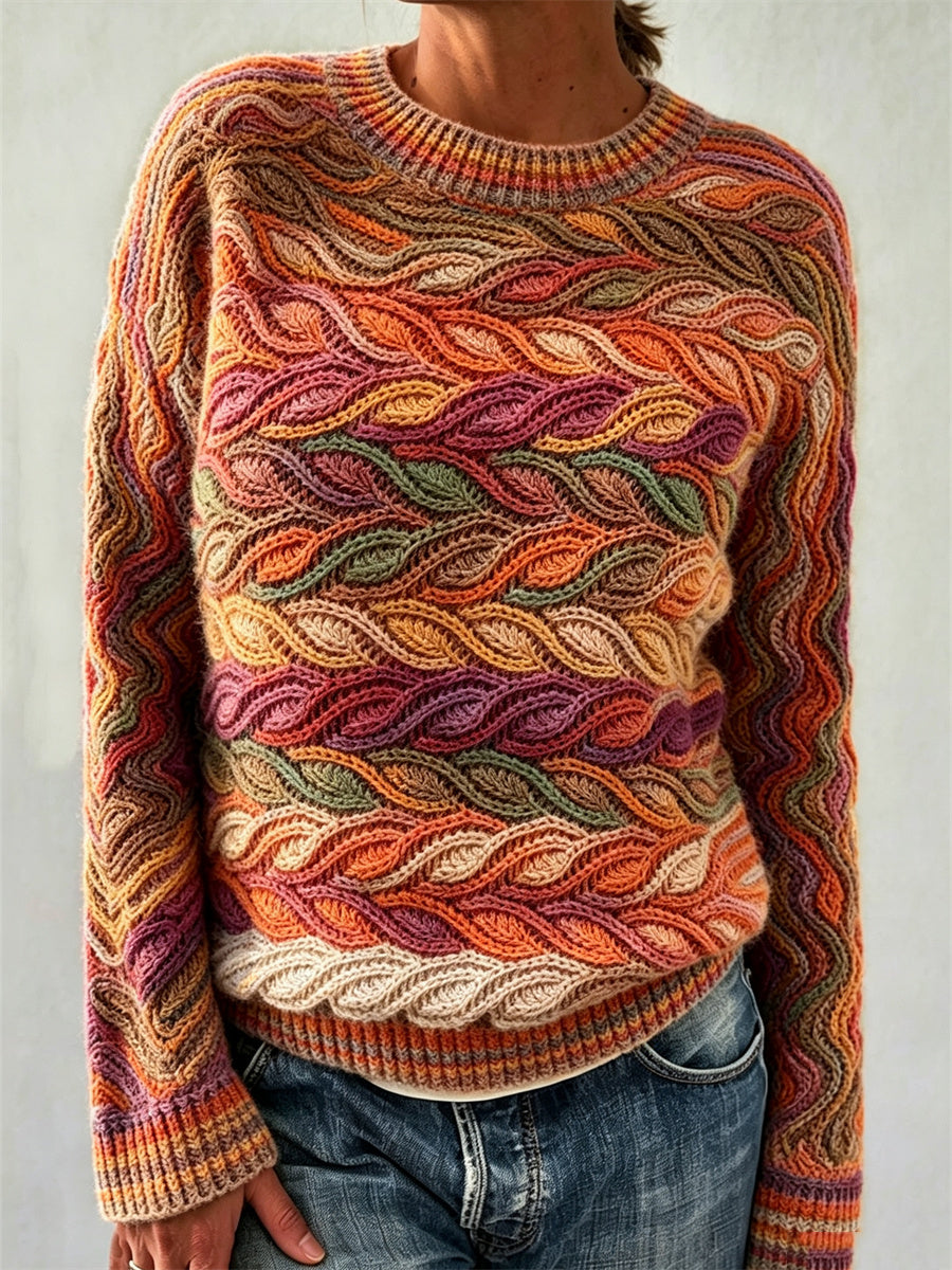 Women's Fall Colorful Leaves Inspired Crochet Art Print crew neck sweater