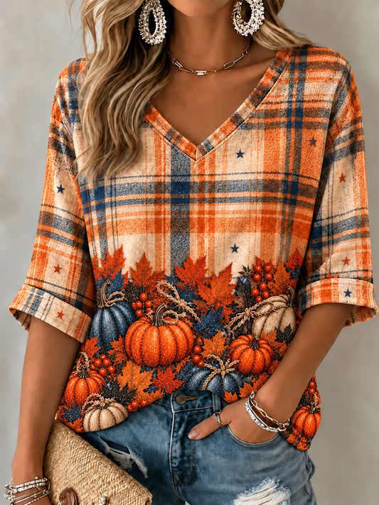 Women's Autumn Maple Leaf Pumpkin Mid-length Sleeves V-Neck T-Shirt