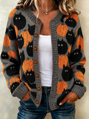 Women's Black Cat Pumpkin Cardigan-Style Knit Jacket