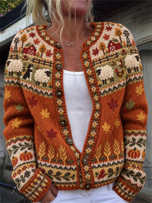 Women's Fall Farm Animals Harvest Season Isle Print Cardigan-Style Knit Jacket
