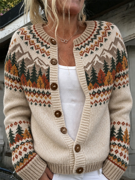 Women's Autumn Landscape Pattern Design Leisure Cardigan-Style Knit Coat