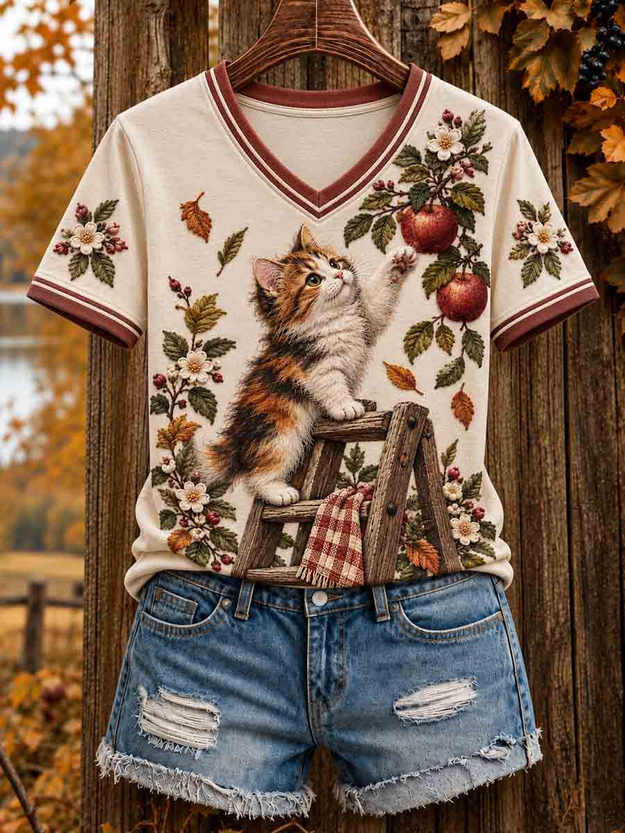 Women's Autumn Cute Cat Art Short Sleeve T-shirt