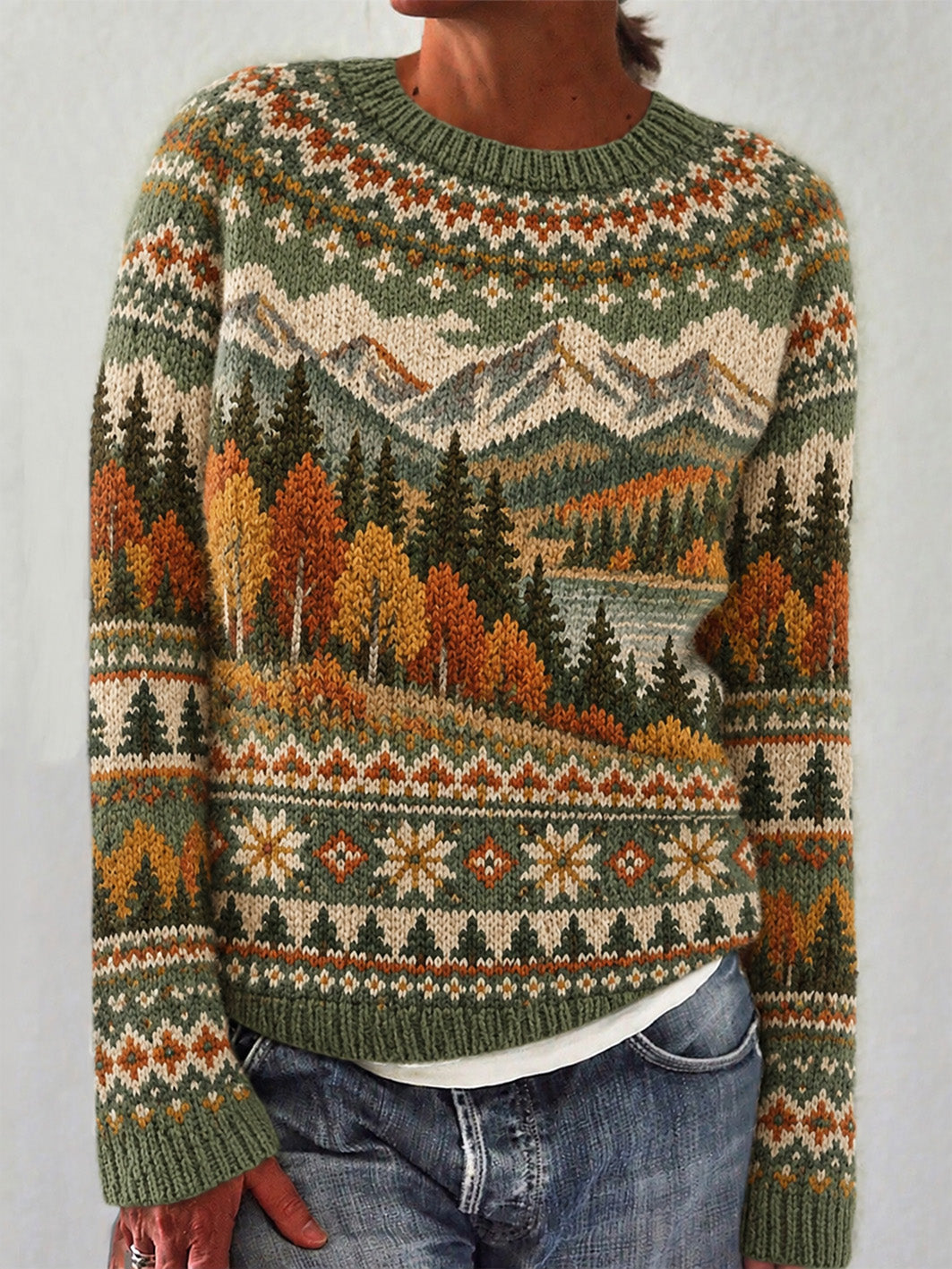 Women's Autumn Landscape Pattern Design Leisure Long-sleeved Sweater