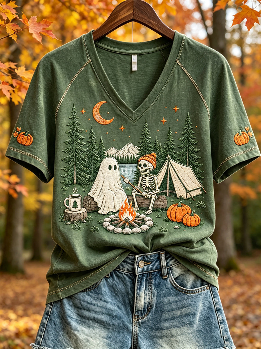 Women's Halloween Fall Camping Ghost & Skeleton Print short-sleeved T-shirt
