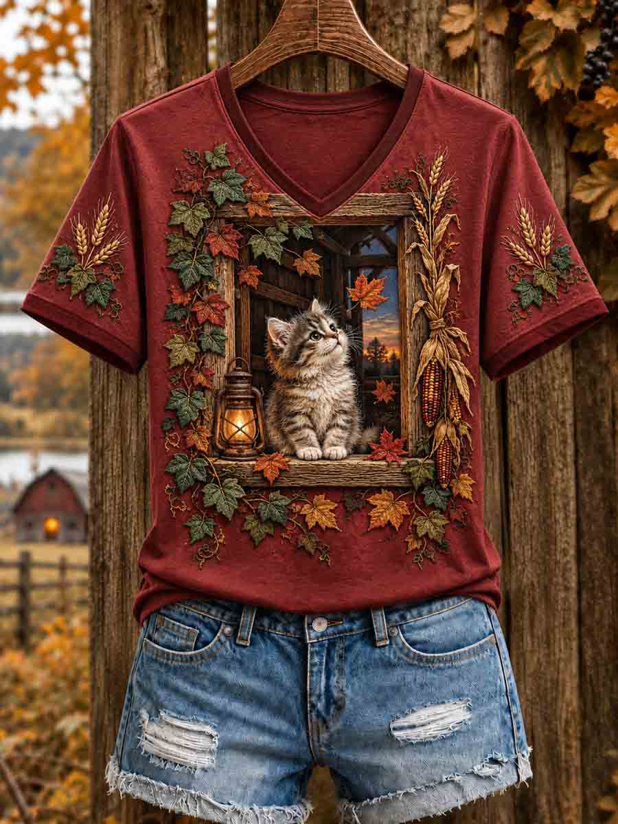 Women's Autumn Cute Cat Art Short Sleeve T-shirt