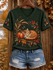 Women's Autumn Cute Cat Art Short Sleeve T-shirt