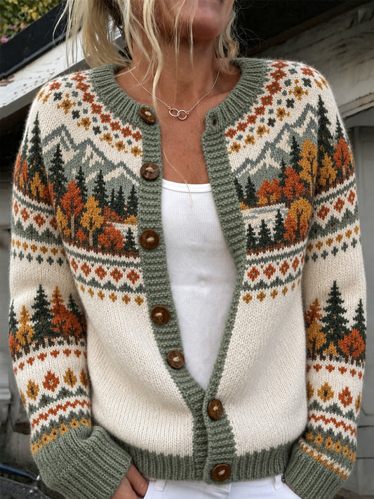 Women's Autumn Landscape Pattern Design Leisure Cardigan-Style Knit Coat