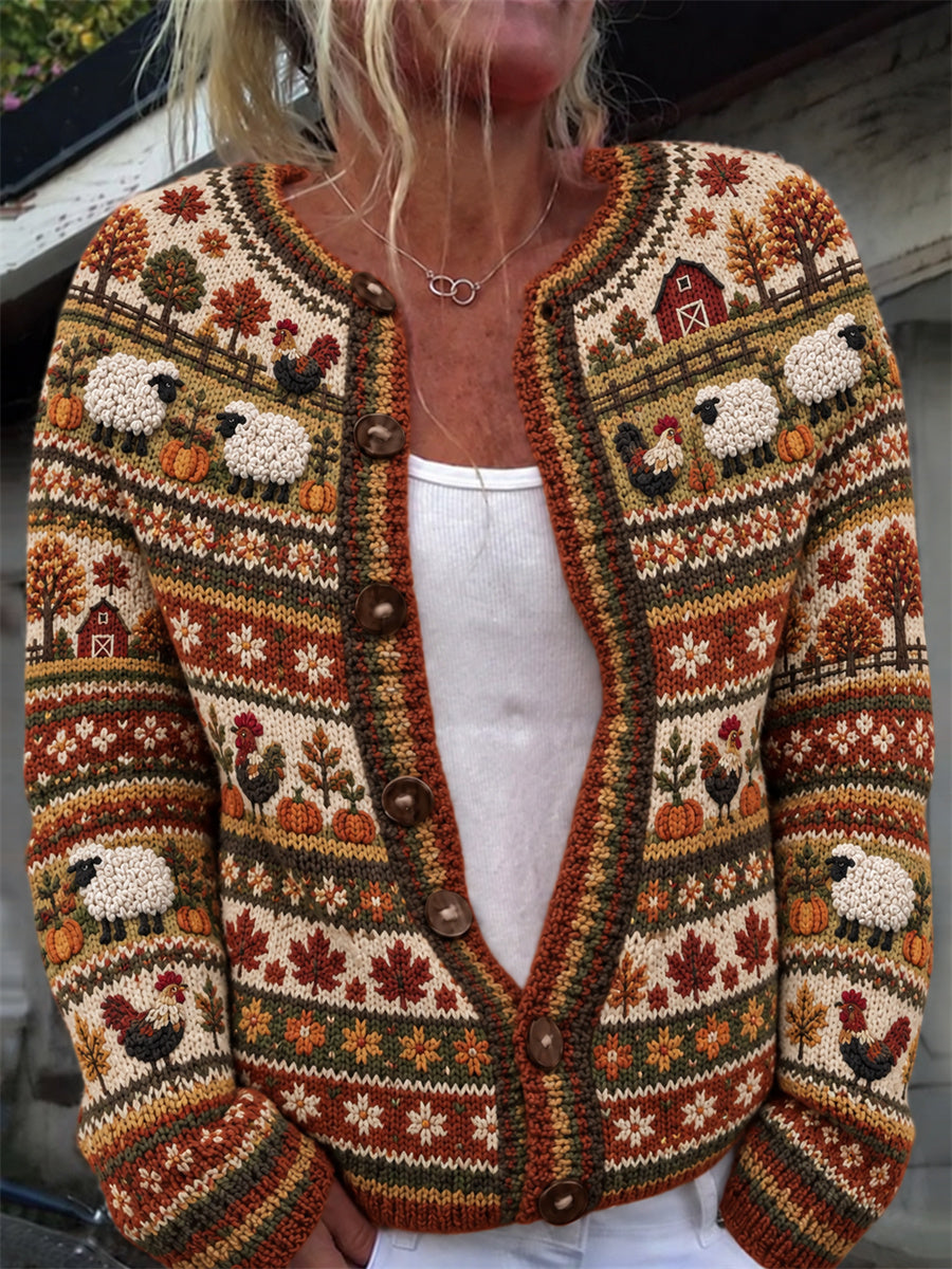 Women's Fall Farm Animals Harvest Season Isle Print Cardigan-Style Knit Jacket
