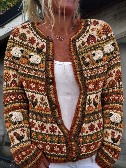 Women's Fall Farm Animals Harvest Season Isle Print Cardigan-Style Knit Jacket