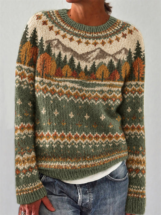 Women's Autumn Landscape Pattern Design Leisure Long-sleeved Sweater