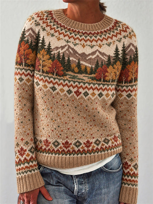Women's Autumn Landscape Pattern Design Leisure Long-sleeved Sweater