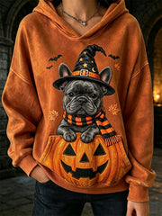 Women's Fall Halloween Peeking Frenchie Dog Witch & Pumpkin Print Cozy Hoodie