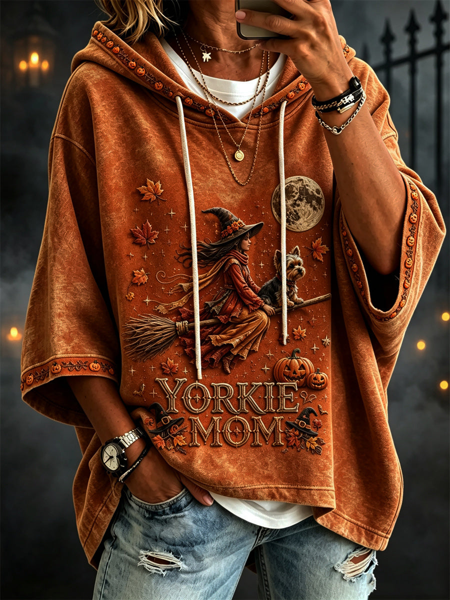 Women's Halloween Fall Yorkie Mom Witch & Dog Print Mid Sleeve Hoodie