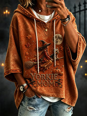 Women's Halloween Fall Yorkie Mom Witch & Dog Print Mid Sleeve Hoodie