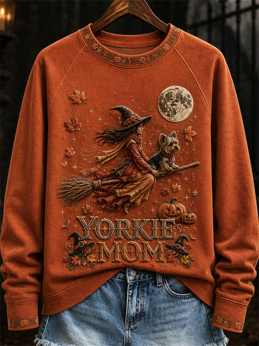 Women's Halloween Fall Yorkie Mom Witch & Dog Print raglan sleeve sweatshirt