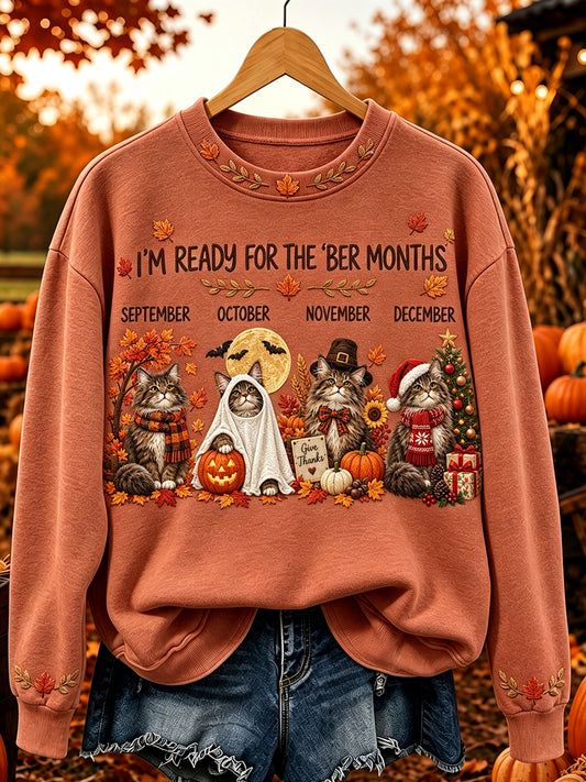 Women's I'm Ready For The 'ber Months Cute Cats Print Cozy Sweatshirt