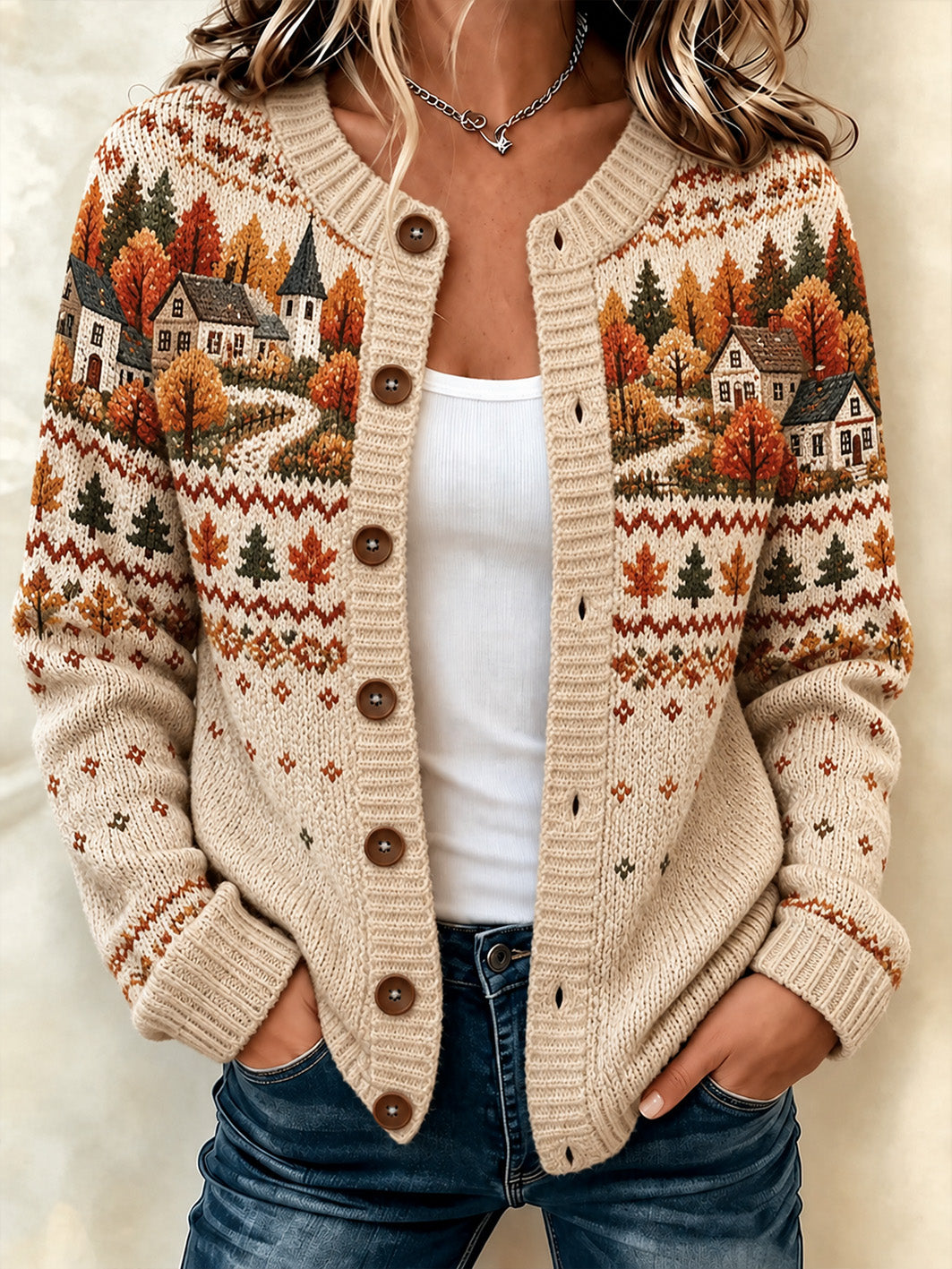 Women's Autumn Landscape Pattern Design Leisure Cardigan-Style Knit Coat