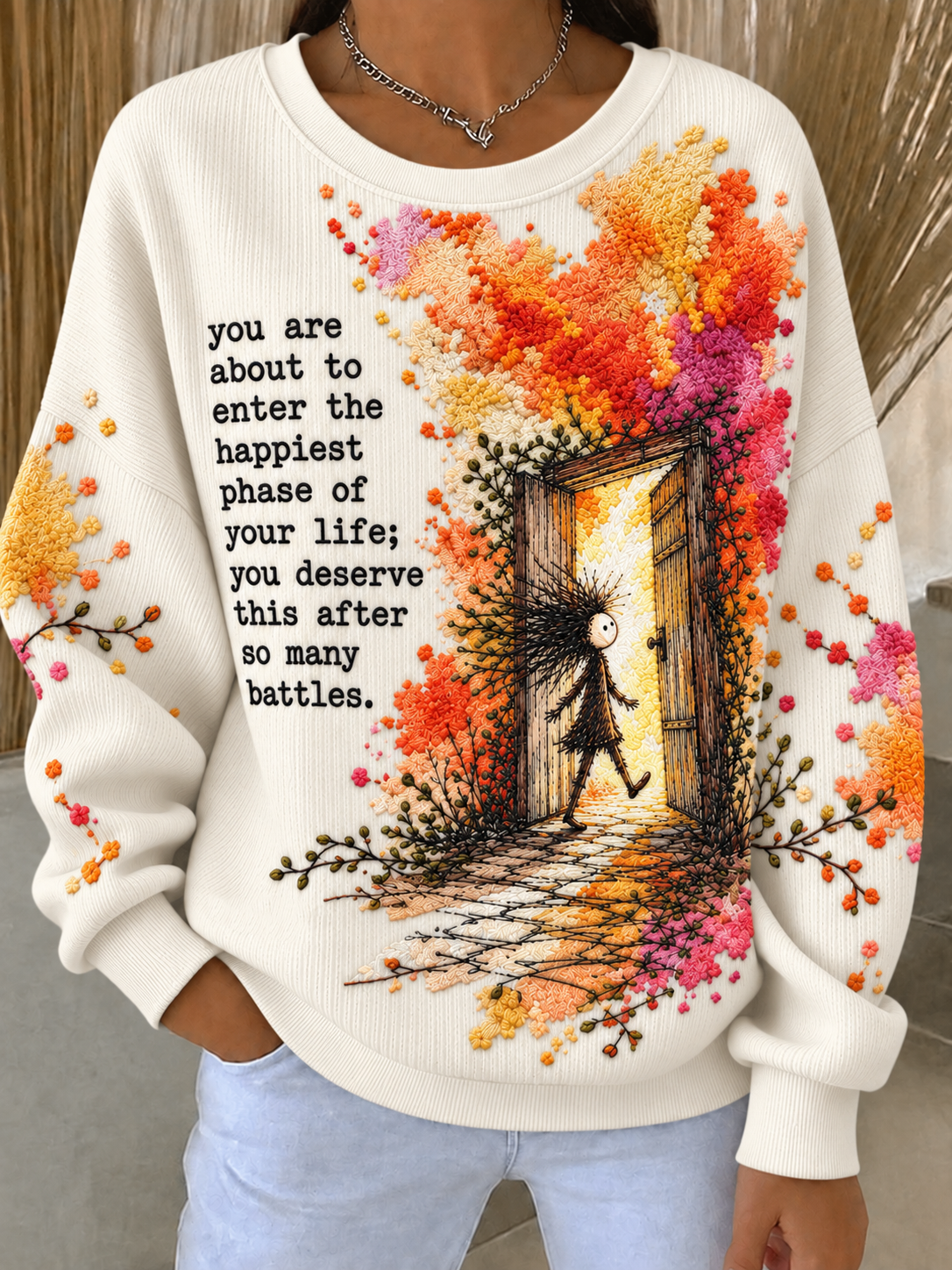 Women's Inspirational Belief Ribbed Round-Neck Sweatshirt