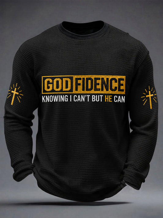 Men's Godfidence Christian Cross Faith Graphic Casual Waffle Long Sleeve T-Shirt