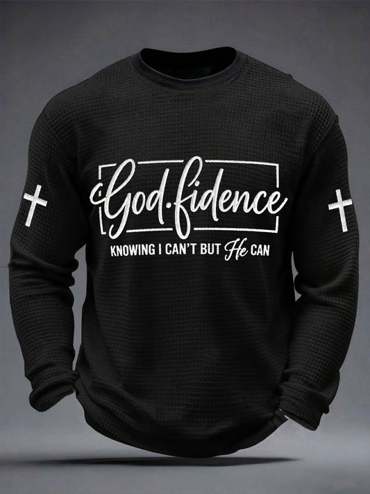 Men's Godfidence Christian Cross Faith Graphic Casual Waffle Long Sleeve T-Shirt