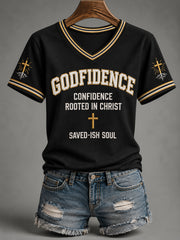 Women's Godfidence Christian Cross Faith Print Casual V-Neck Tee