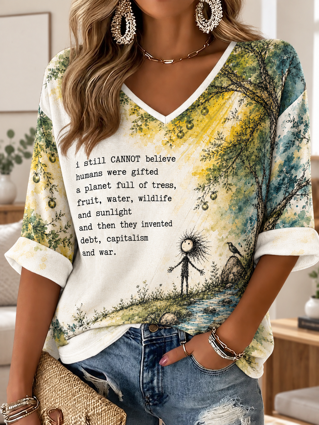 Women's Inspirational Belief Mid-length Sleeves V-Neck T-Shirt