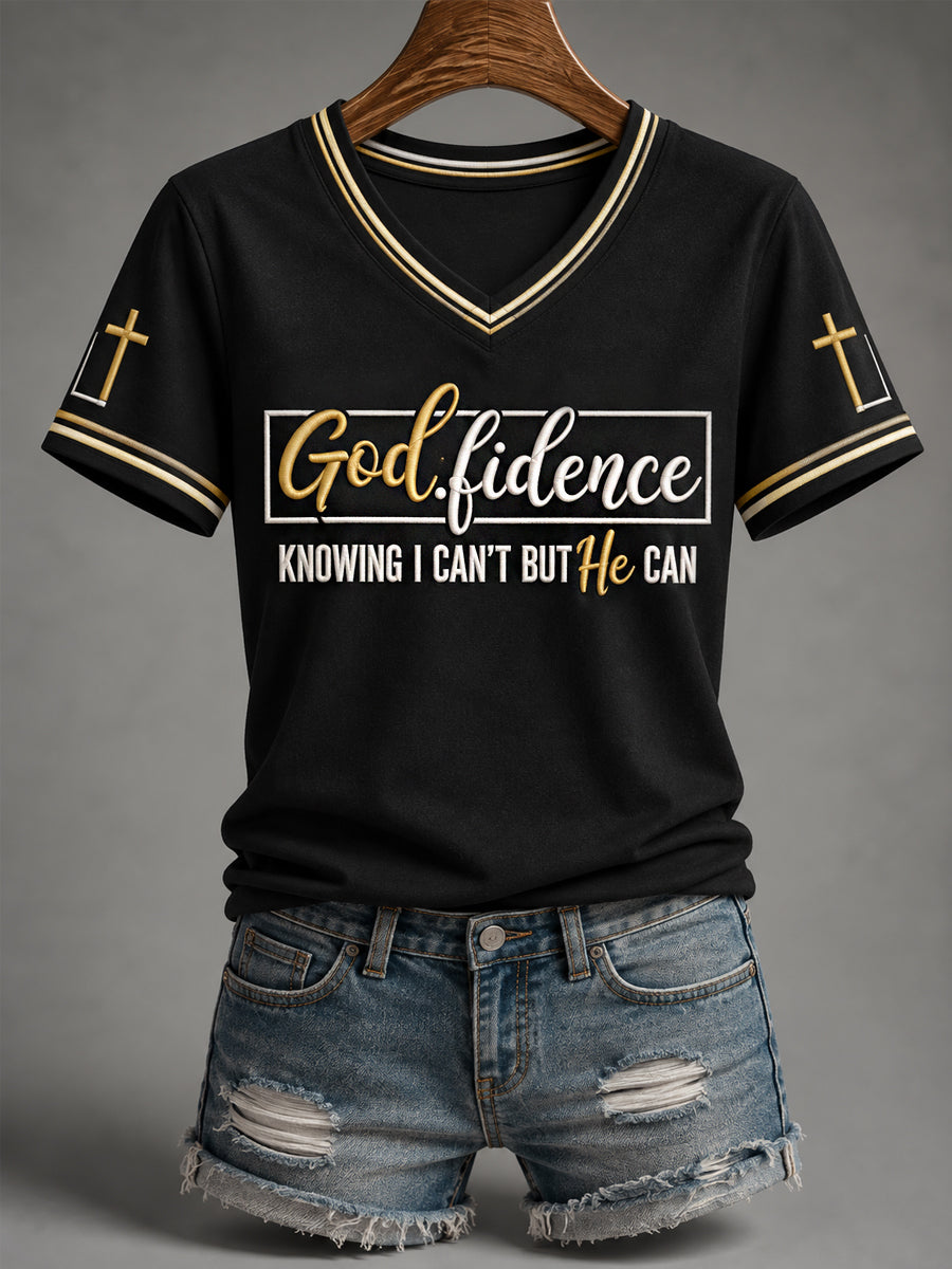 Women's Godfidence Christian Cross Faith Print Casual V-Neck Tee