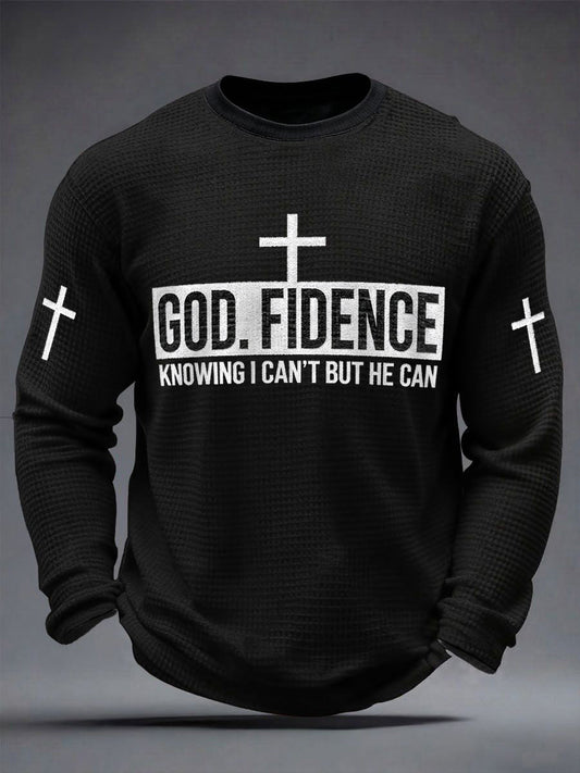 Men's Godfidence Christian Cross Faith Graphic Casual Waffle Long Sleeve T-Shirt