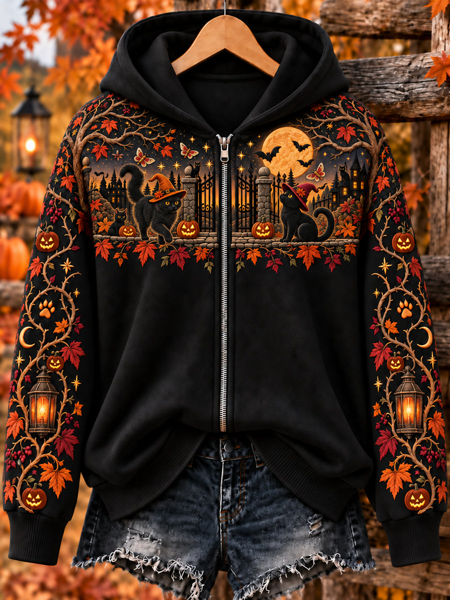 Women's Halloween Witch Cat Zip-Up Hoodie