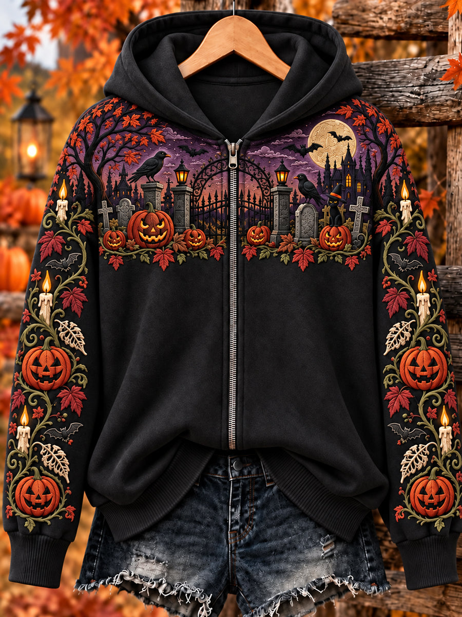 Women's Halloween Witch Cat Zip-Up Hoodie