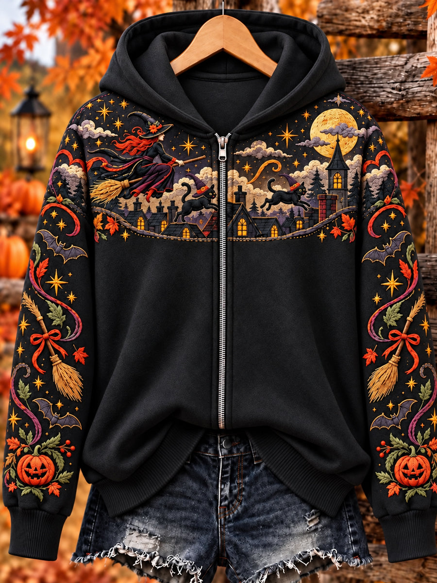 Women's Halloween Witch Cat Zip-Up Hoodie