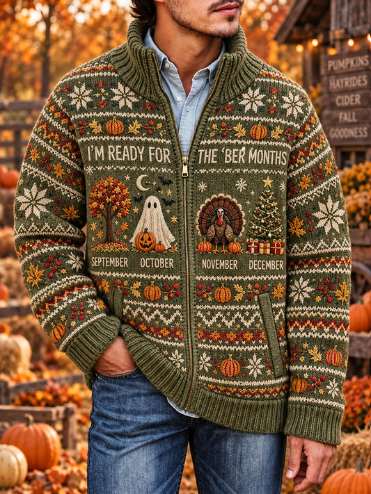 Men's Vintage I'm Ready For The 'ber Months Print Zip-Up Knit Jacket