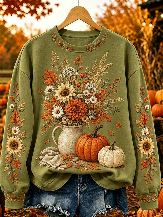 Women's Vintage Autumn Leaves & Pumpkins Print Comfy Sweatshirt