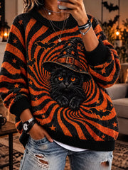 Women's Halloween Black Cat Crew Neck Sweater