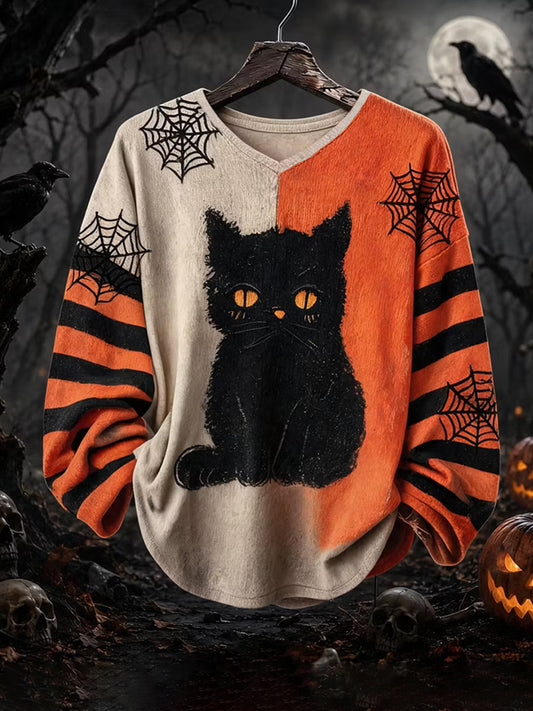 Women's Halloween Black Cat Print Casual V-Neck Long-Sleeve T-Shirt