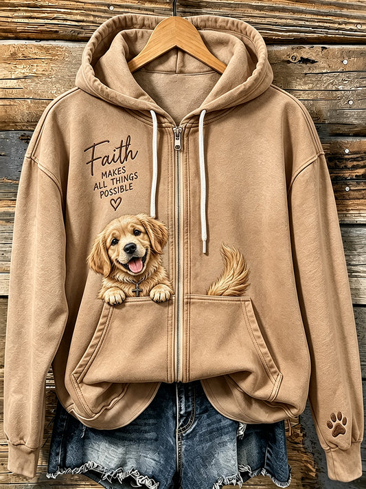 Women's Faith Peeking Golden Retriever & Paw Print Zip-Up Hoodie