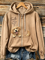Women's Faith Peeking Golden Retriever & Paw Print Zip-Up Hoodie