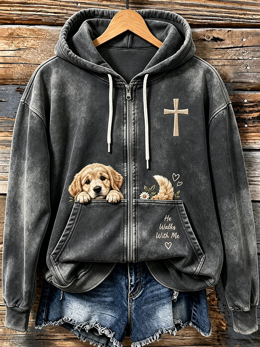 Women's Faith Peeking Golden Retriever & Cross Print Zip-Up Hoodie