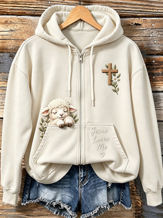 Women's Jesus Loves Me Faith Lamb Print Cozy Zip-Up Hoodie
