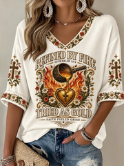 Women's Refined by Fire Tried as Gold Faith Fueled Grind Mid-length Sleeves V-Neck T-Shirt